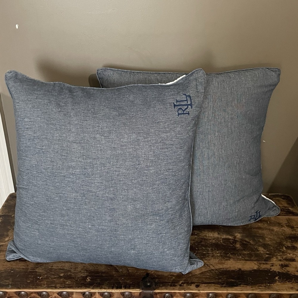 Ralph Lauren Chambray Blue Logo Embroidered Throw Pillow Set Down Filled 21"